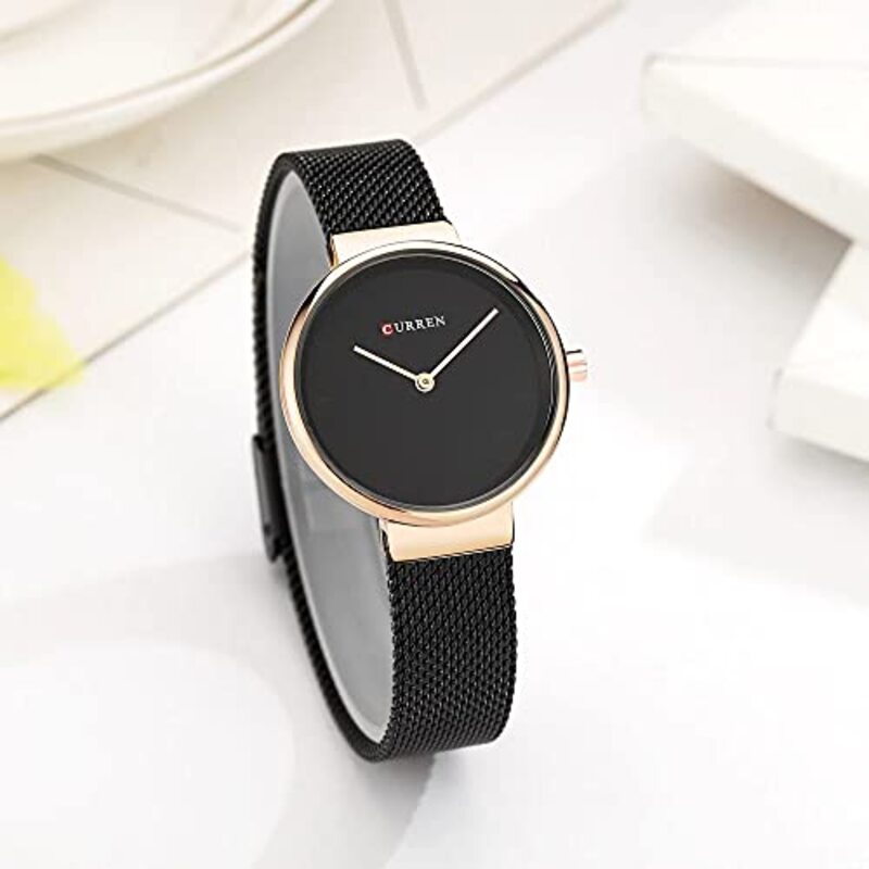 Curren Analog Quartz Simple Fashion Watch for Women with Stainless Steel Mesh Band, Water Resistant, Black