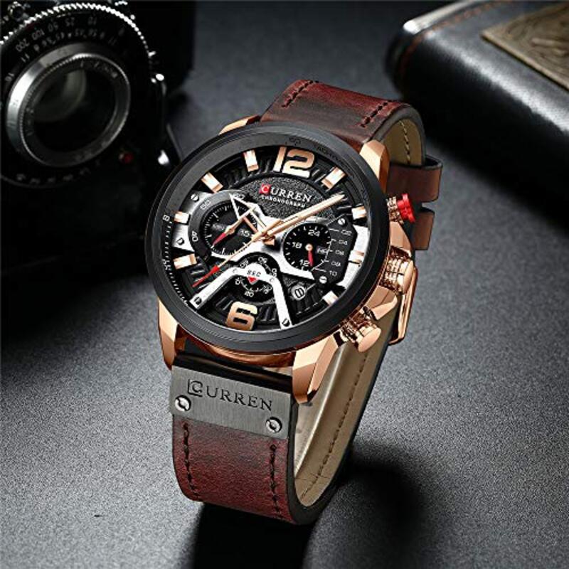 Curren Analog Quartz Calendar Watch for Men with Leather Band, Water Resistant and Chronograph, Brown/Black