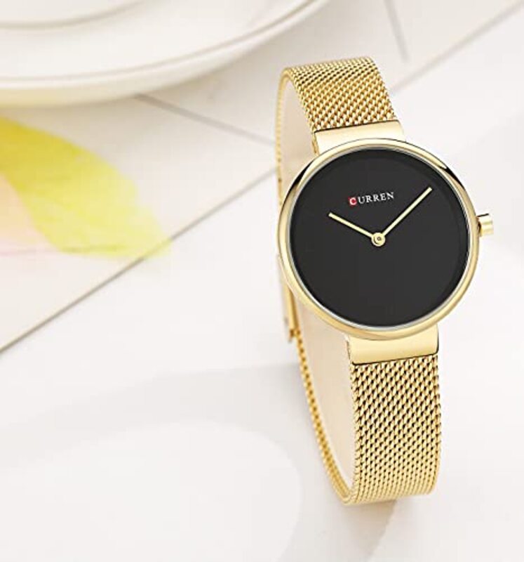 Curren Analog Quartz Simple Fashion Watch for Women with Stainless Steel Mesh Band, Water Resistant, Gold/Black