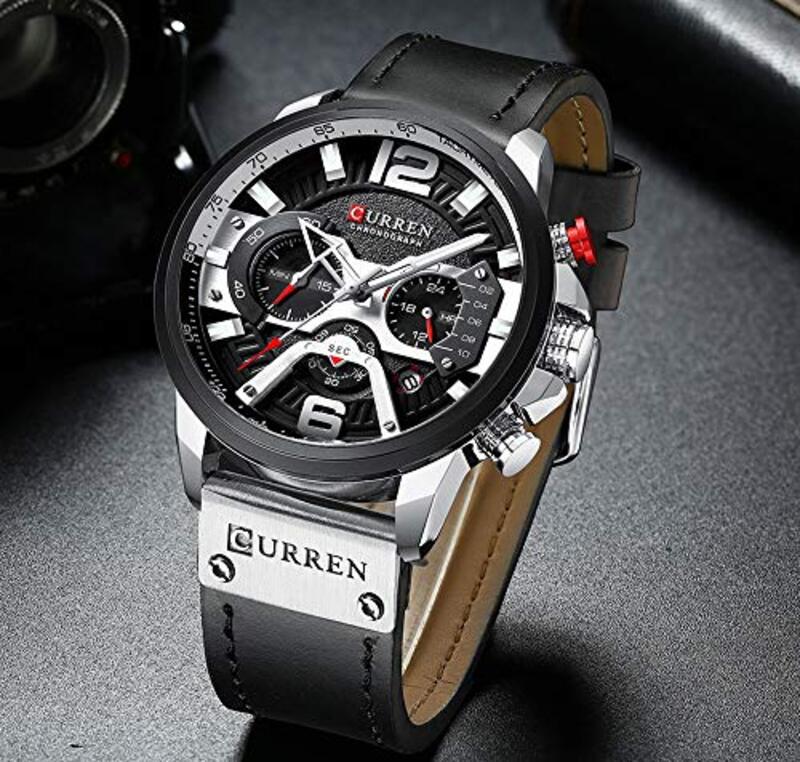 Curren Analog Quartz Multifunction Watch for Men with Leather Band, Water Resistant and Chronograph, Black