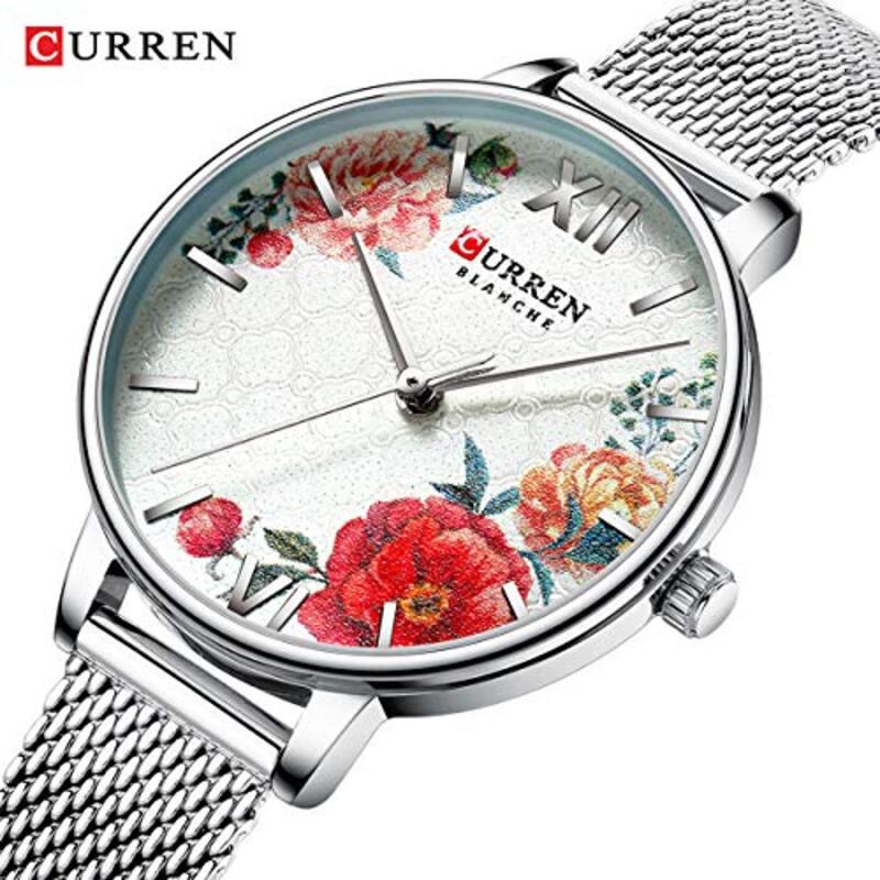 Curren Anself 9060 Analog Watch for Women with Stainless Steel Band, Water Resistant, Silver-White