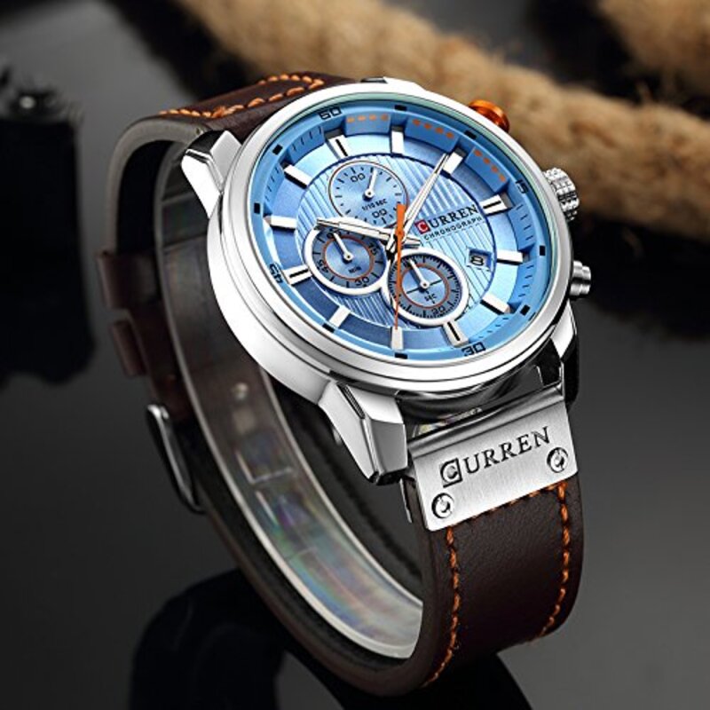 Curren Analog Quartz Military Watch for Men with Leather Band, Water Resistant and Chronograph, Dark Brown/Blue