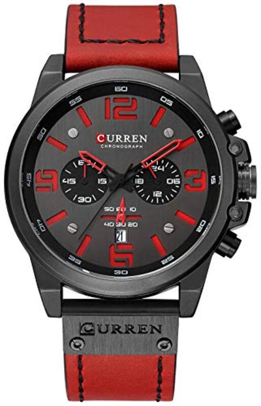 Curren Analog Quartz Multifunction Watch for Men with Leather Band, Water Resistant and Chronograph, Red