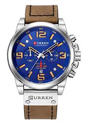 Curren Analog Quartz Military Fashion Watch for Men with Leather Band, Water Resistant and Chronograph, Brown/Blue