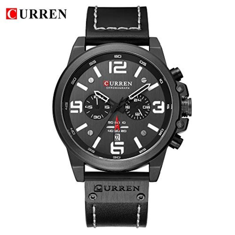 Curren Analog Watch for Men with Leather Band, Water Resistance, Black