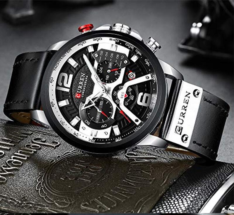 Curren Analog Quartz Multifunction Watch for Men with Leather Band, Water Resistant and Chronograph, Black