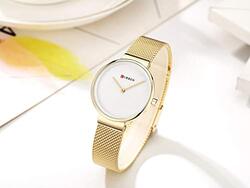 Curren Analog Quartz Simple Fashion Watch for Women with Stainless Steel Mesh Band, Water Resistant, Gold/White