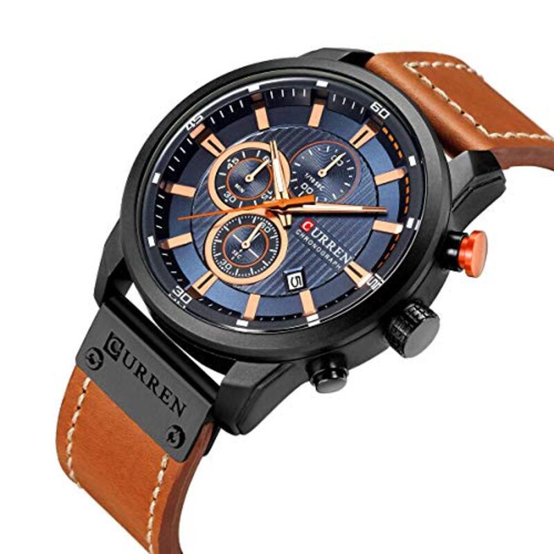 Curren Analog Quartz Military Watch for Men with Leather Band, Water Resistant and Chronograph, Brown