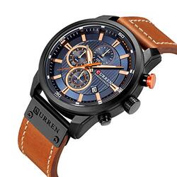 Curren Analog Quartz Military Watch for Men with Leather Band, Water Resistant and Chronograph, Brown