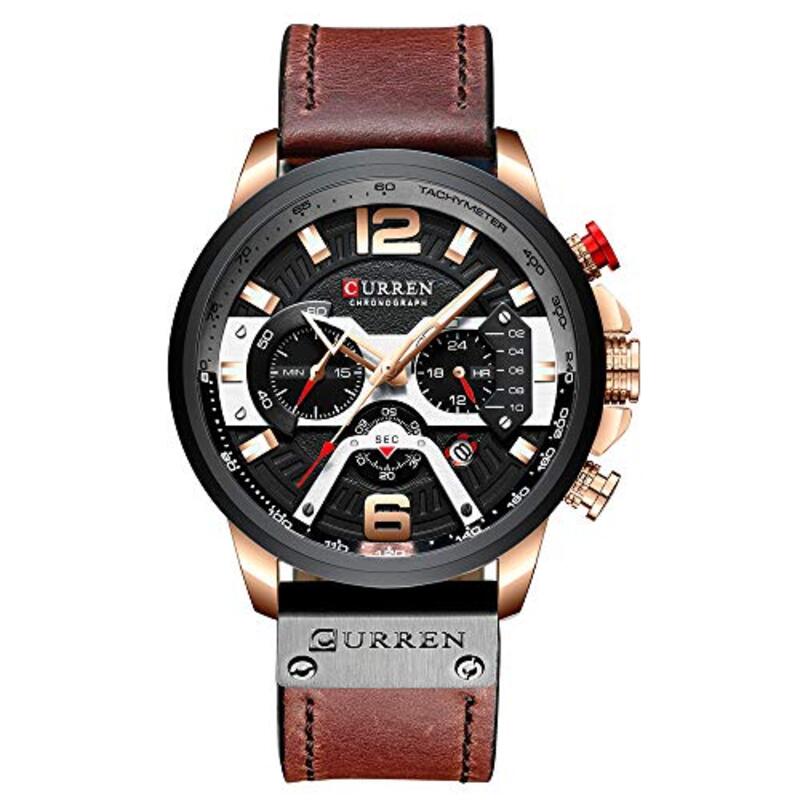 Curren Analog Quartz Calendar Watch for Men with Leather Band, Water Resistant and Chronograph, Brown/Black