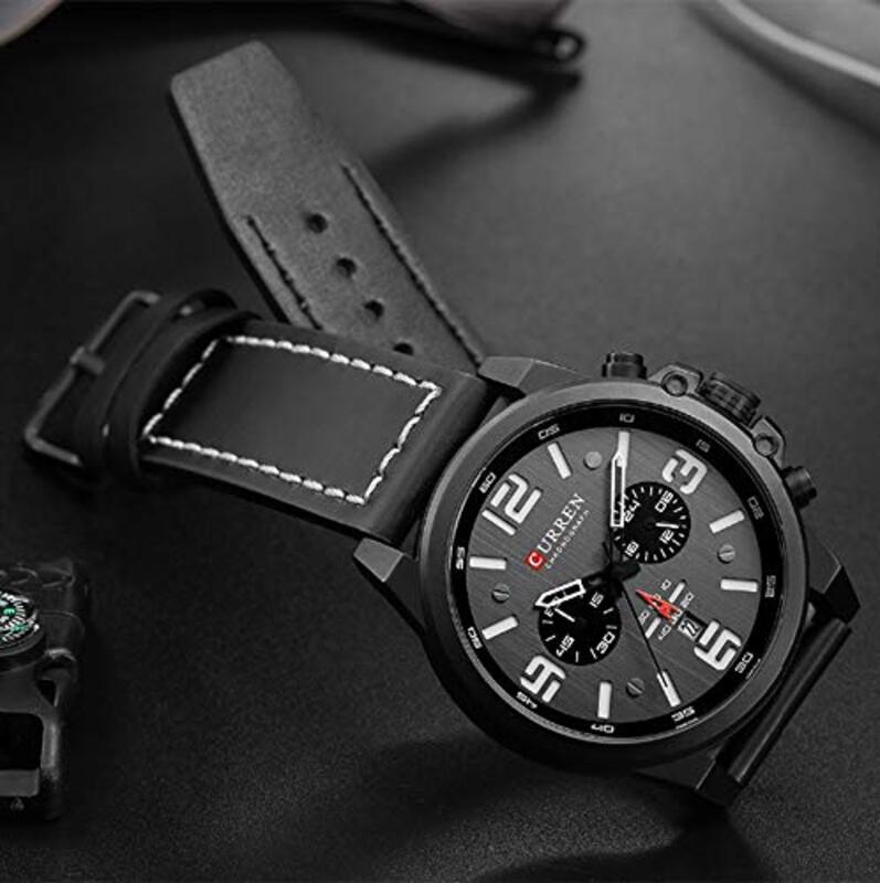 Curren Analog Watch for Men with Leather Band, Water Resistance, Black