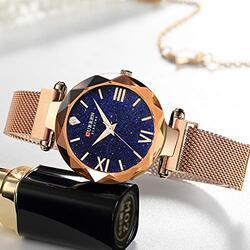 Curren Analog Quartz Starry Sky Dress Watch for Women with Alloy Band, Water Resistant, Rose Gold/Blue