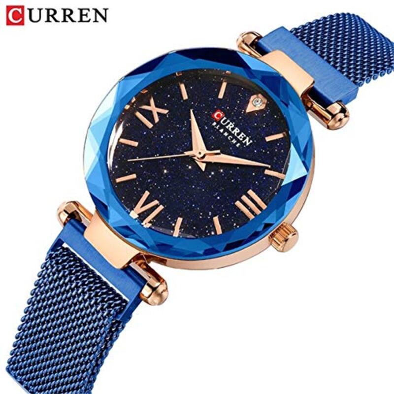 Curren 9063 Analog Watch for Women with Leather Band, Water Resistant, Blue