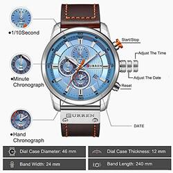 Curren Analog Quartz Military Watch for Men with Leather Band, Water Resistant and Chronograph, Dark Brown/Blue