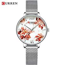 Curren Anself 9060 Flower Analog Watch for Women with Stainless Steel Band, Water Resistant, Silver-White