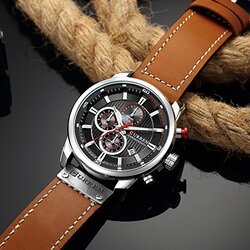 Curren Analog Quartz Military Watch for Men with Leather Band, Water Resistant and Chronograph, Brown/Black