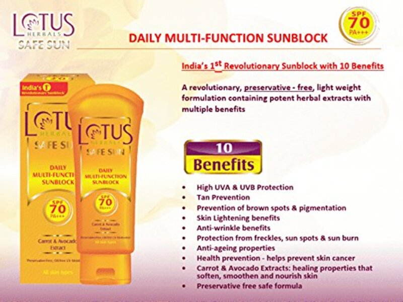 Lotus SPF 70 PA+++ Professional Herbals Safe Sun Multi-Function Sunblock Sunscreen, 60g