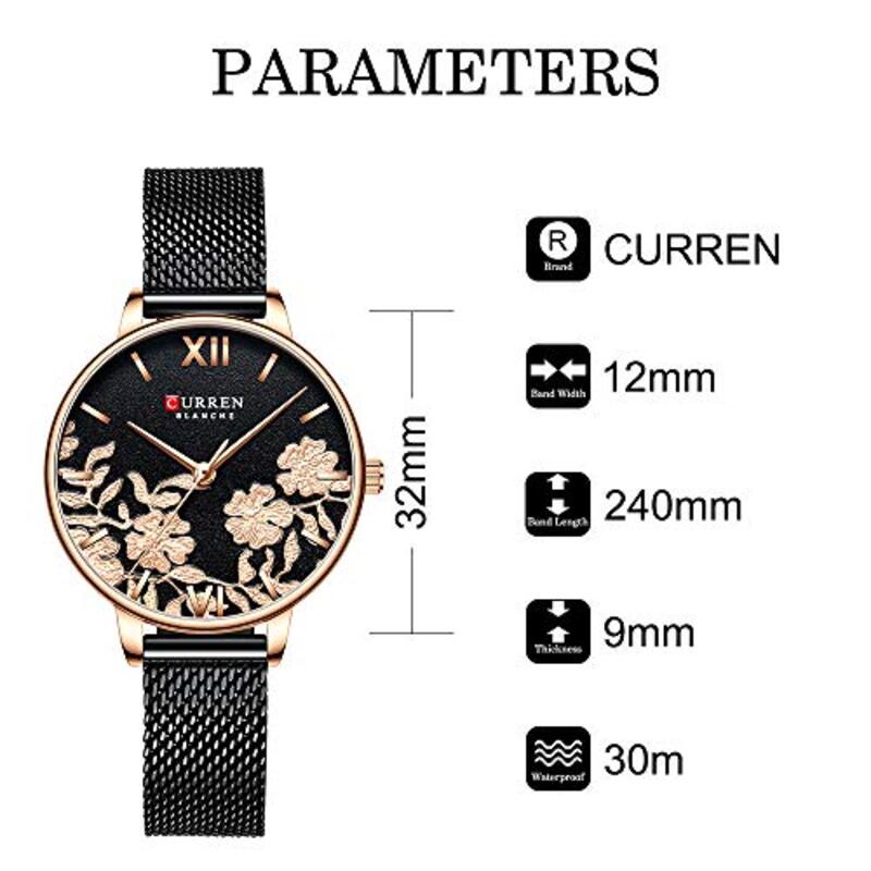 Curren Anself 9065 Analog Watch for Women with Stainless Steel Band, Water Resistant, Rose Gold/Black