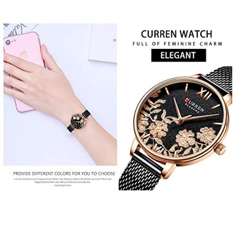 Curren Anself 9065 Analog Watch for Women with Stainless Steel Band, Water Resistant, Rose Gold/Black