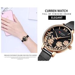 Curren Anself 9065 Analog Watch for Women with Stainless Steel Band, Water Resistant, Rose Gold/Black