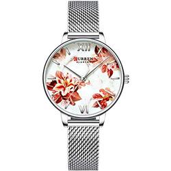 Curren Anself 9060 Flower Analog Watch for Women with Stainless Steel Band, Water Resistant, Silver-White