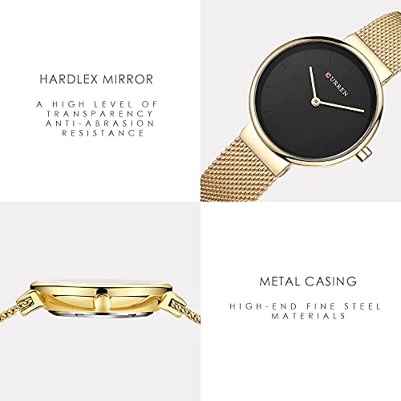 Curren Analog Quartz Simple Fashion Watch for Women with Stainless Steel Mesh Band, Water Resistant, Gold/Black