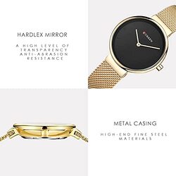 Curren Analog Quartz Simple Fashion Watch for Women with Stainless Steel Mesh Band, Water Resistant, Gold/Black