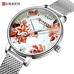 Curren Anself 9060 Flower Analog Watch for Women with Stainless Steel Band, Water Resistant, Silver-White