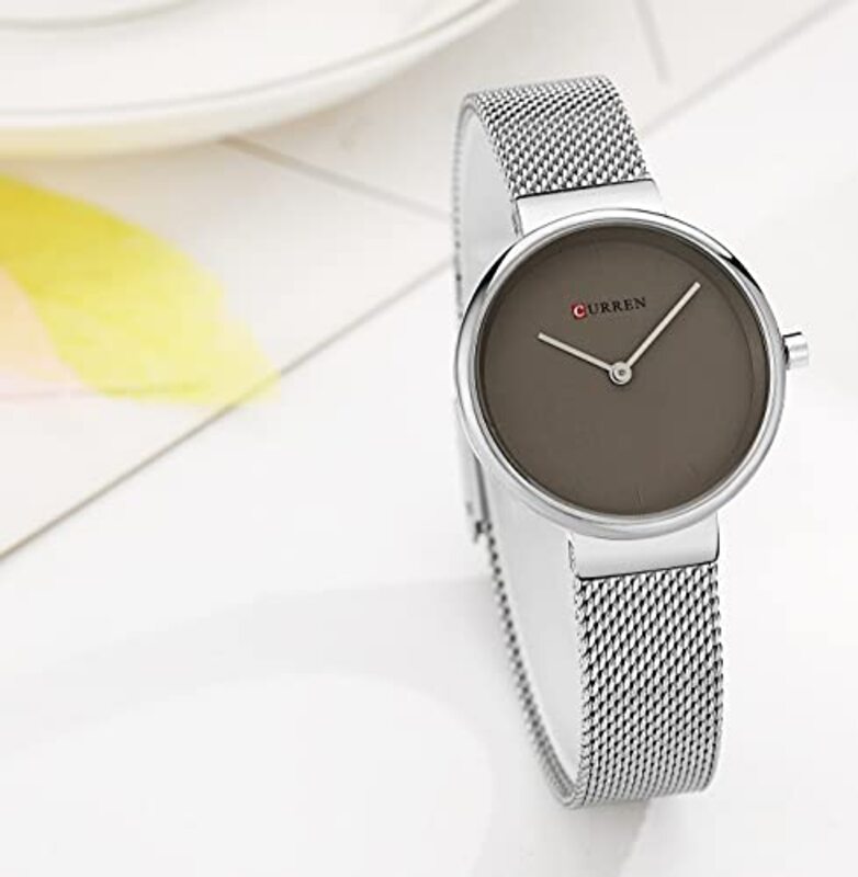 Curren Analog Quartz Simple Fashion Watch for Women with Stainless Steel Mesh Band, Water Resistant, Silver