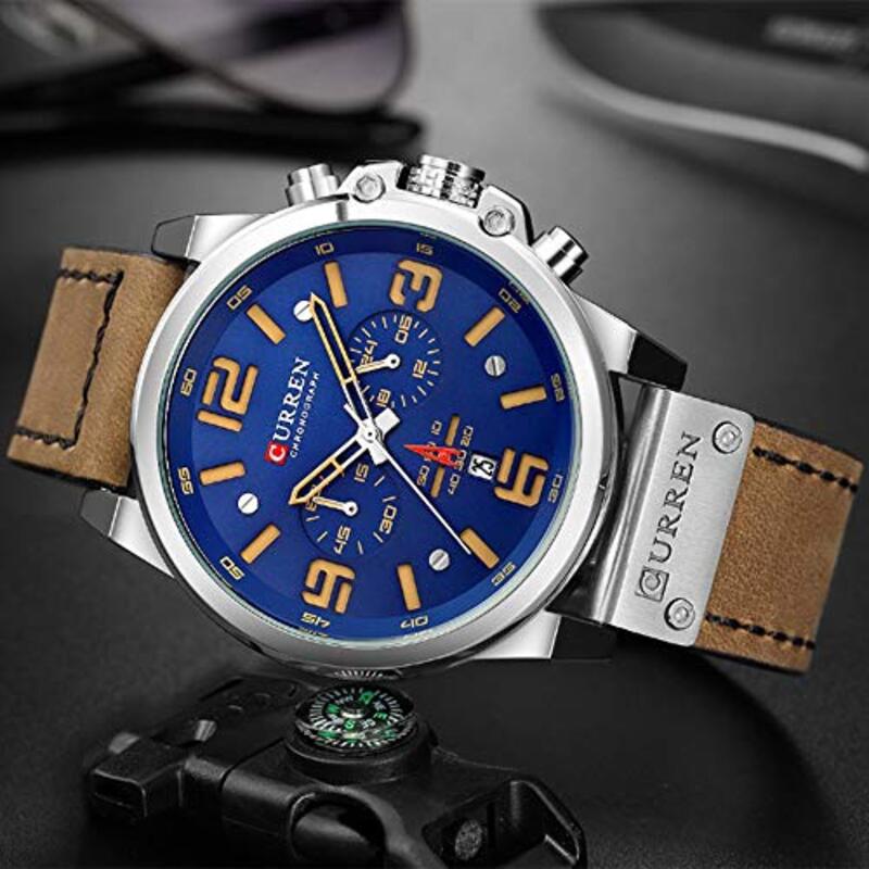 Curren Analog Quartz Multifunction Watch for Men with Leather Band, Water Resistant and Chronograph, Brown/Blue