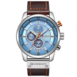 Curren Analog Quartz Military Watch for Men with Leather Band, Water Resistant and Chronograph, Dark Brown/Blue