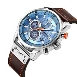 Curren Analog Quartz Military Watch for Men with Leather Band, Water Resistant and Chronograph, Dark Brown/Blue