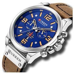 Curren Analog Quartz Military Fashion Watch for Men with Leather Band, Water Resistant and Chronograph, Brown/Blue