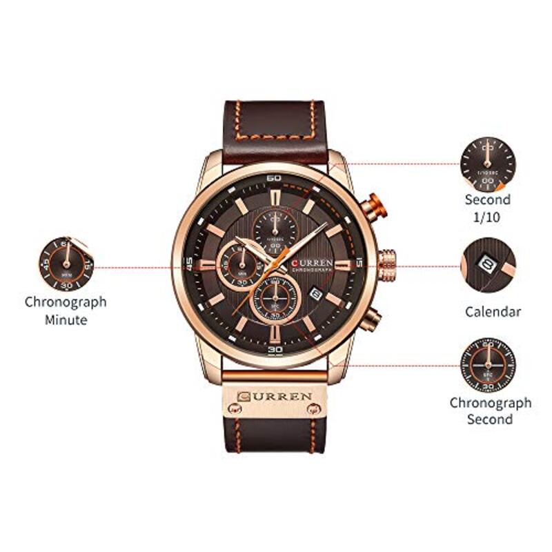 Curren Analog Stylish Watch for Men with Leather Band, Water Resistant and Chronograph, Brown