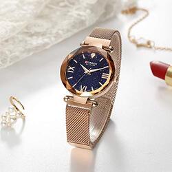 Curren Analog Quartz Starry Sky Dress Watch for Women with Alloy Band, Water Resistant, Rose Gold/Blue