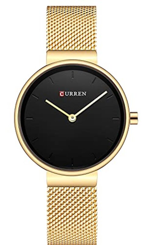 Curren Analog Quartz Simple Fashion Watch for Women with Stainless Steel Mesh Band, Water Resistant, Gold/Black