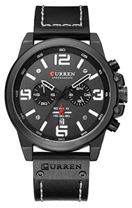 Curren Analog Watch for Men with Leather Band, Water Resistance, Black