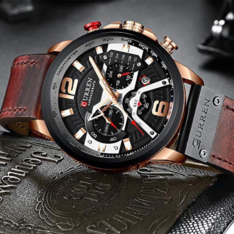 Curren Analog Watch for Men with Leather Band, Water Resistance, Black-Brown