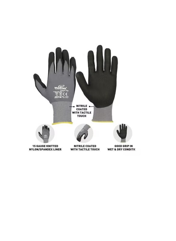 Vaultex Nitrile Foam Coated Gloves, ORD, Black/Grey/Yellow, 24 Pieces