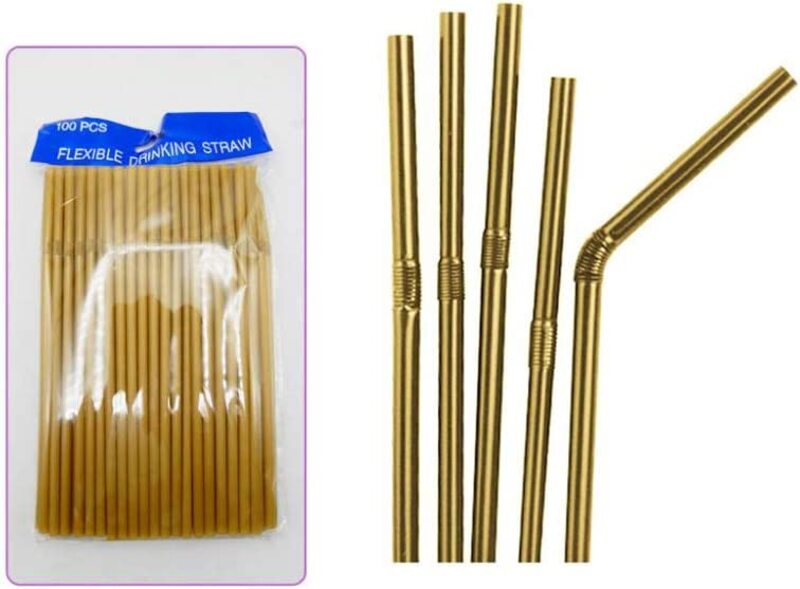 100-Piece Beautiful Plastic Straw Set, 6 x 210mm, Gold