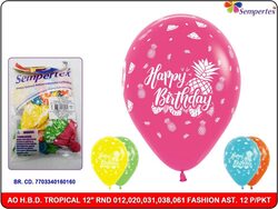 Sempertex 12-inch Happy Birthday Tropical Printed Latex Round Balloons, 12 Pieces, Fashion Assorted