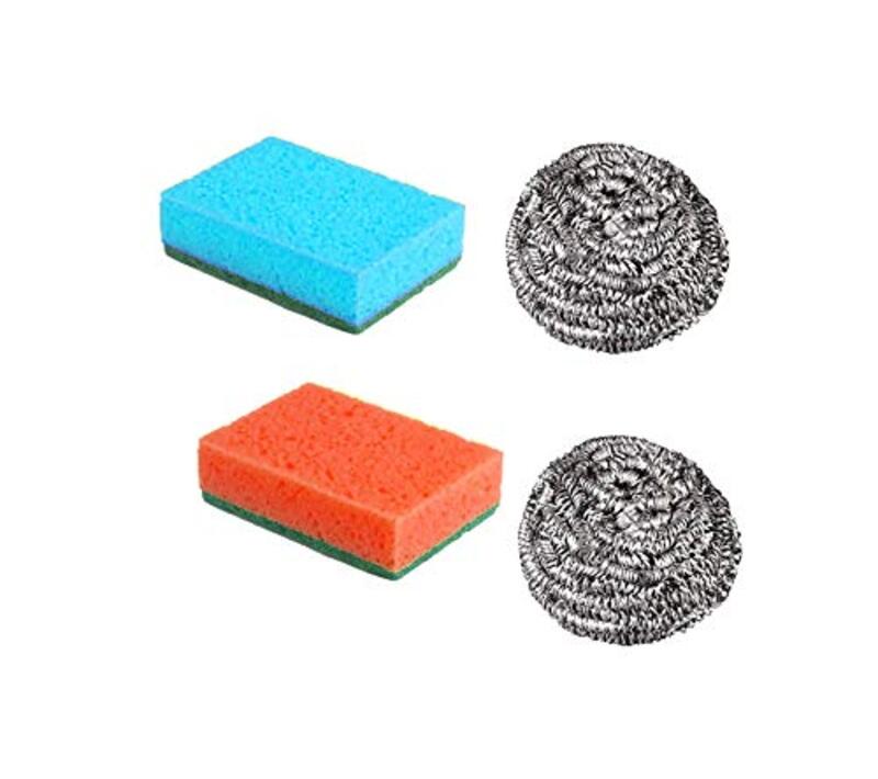 "OKS" Stainless Steel Scourer & Sponge, 4 Pieces, Assorted Colours