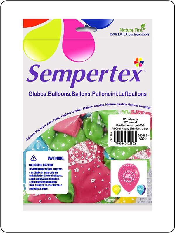 Sempertex 12-inch Happy Birthday Printed Latex Round Balloons, 12 Pieces, Fashion Assorted
