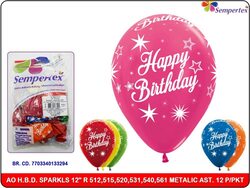 Sempertex 12-inch Happy Birthday Sparkles Printed Latex Round Balloons, 12 Pieces, Metallic Assorted