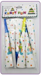 7.5-Inch Party Fun Happy Birthday Paper Horn, 6 Pieces, Yellow/Blue