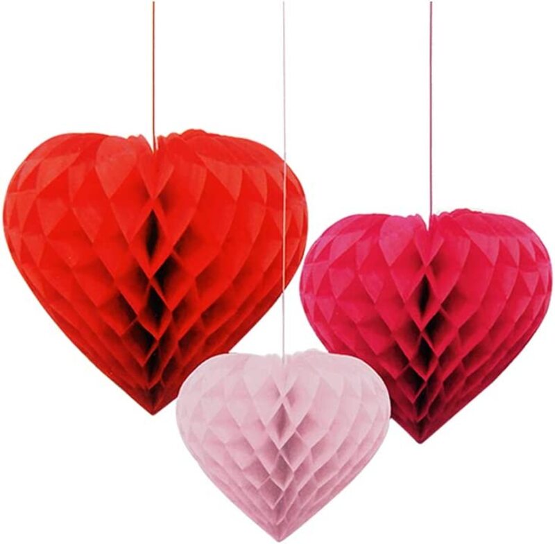 Party Fun Beautiful & Attractive Heart Shaped Honey Combed Decoration Ball, 20x25x30cm, 3 Pieces, Multicolour