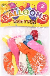 Party Fun 12-inch No. 3 Birthday Balloons, Pack of 12 Pieces, Multicolour