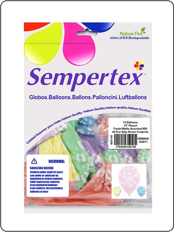 Sempertex 12-Inch Round Baby Shower Footprints Latex Balloons, 12 Pieces, Pastel Matte Assorted