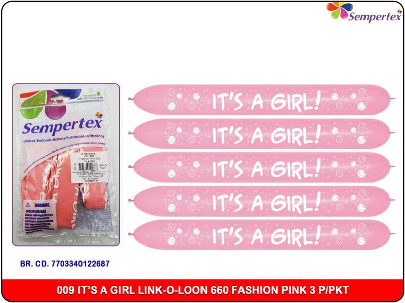 Sempertex 660Q Link O Loon Balloon Its A Girl Long Latex Balloons, 3 Pieces, Fashion Pink
