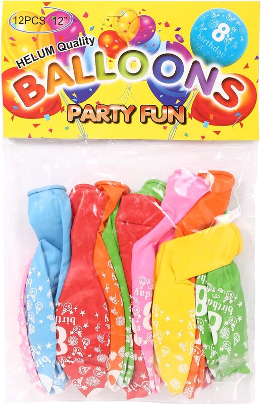 Party Fun 12-inch No. 8 Birthday Balloons, Pack of 12 Pieces, Multicolour